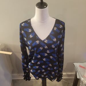 Diane Von Furstenberg Silk Blue Black Printed Blouse Top Size 10